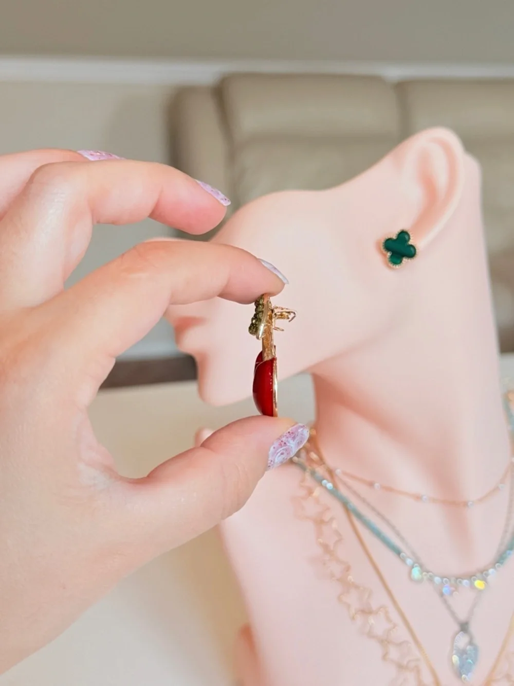 Green Leaf and Red Cherry with Crystal Pin Brooch